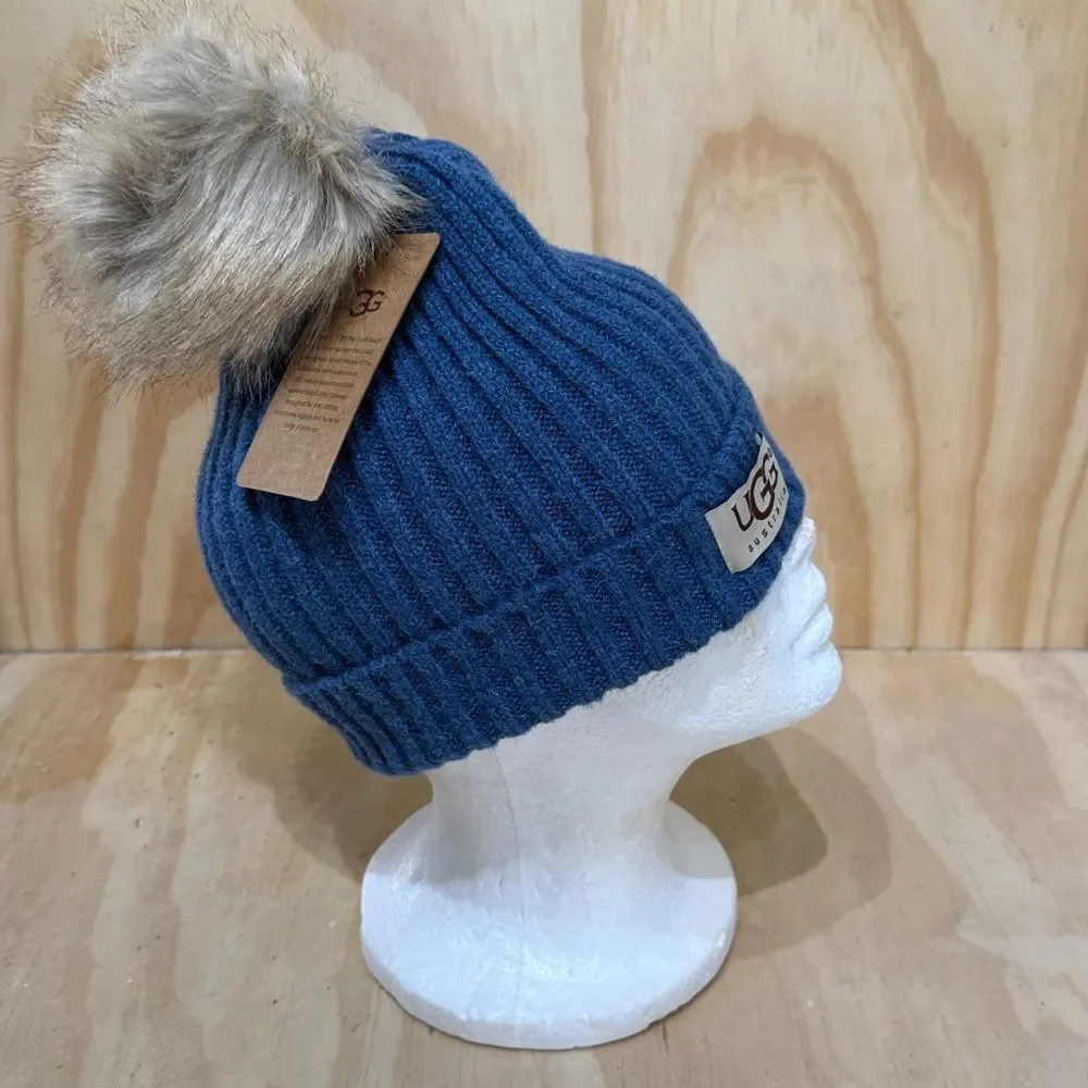 UGG Light Blue Knit Hat with Faux Fur Pom